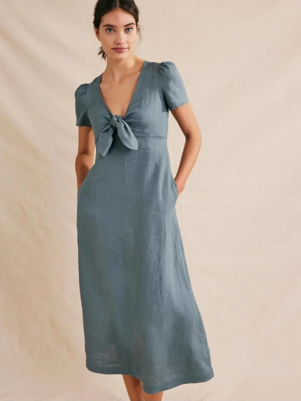 Boden Slate-Green/Blue Tie-Front Midi Dress